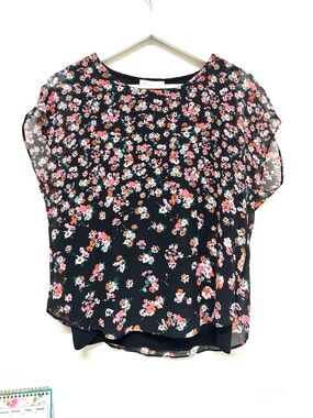 Calvin Klein Floral Flutter Sleeve Top Blouse Petite PM Office Black Multicolor